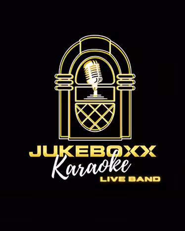 Guests sing on stage with a live band during Jukeboxx Media’s Live Band Karaoke experience. A professional MC guides the show as participants perform karaoke hits with a full band setup, stage lighting, and lyric screen. The high-energy scene captures corporate event attendees enjoying an interactive, crowd-filled music experience.